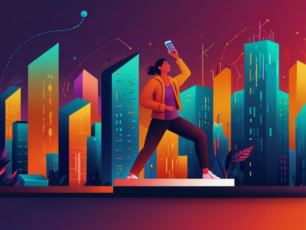 A person using a smartphone amidst futuristic cityscape, showcasing micro-influencer marketing platforms.