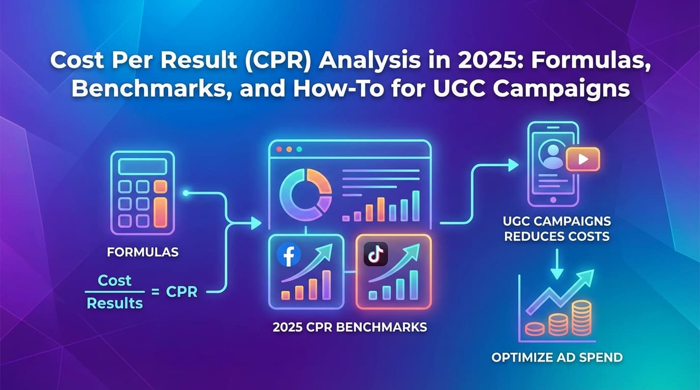 Cost Per Result Analysis 2025: Formulas, Benchmarks, UGC Campaigns, with charts and icons on a blue background.