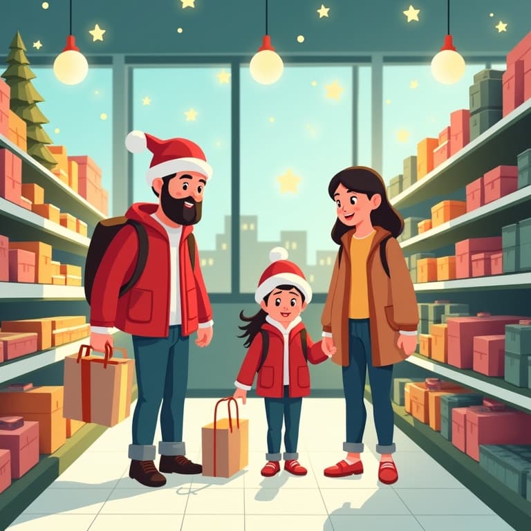 Family Christmas shopping in festive store aisle, surrounded by gifts and decorations; ideal for holiday social media posts.